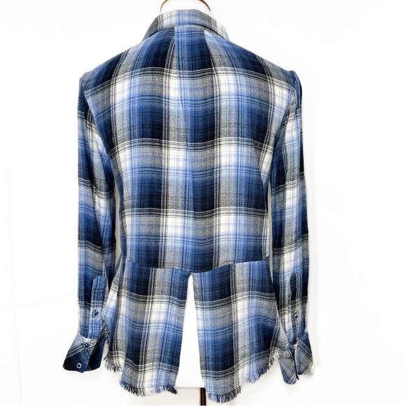 Anthropologie Blue Plaid High Low Fringe Hem Roll Sleeve Buttondown Shirt - Picture 3 of 12